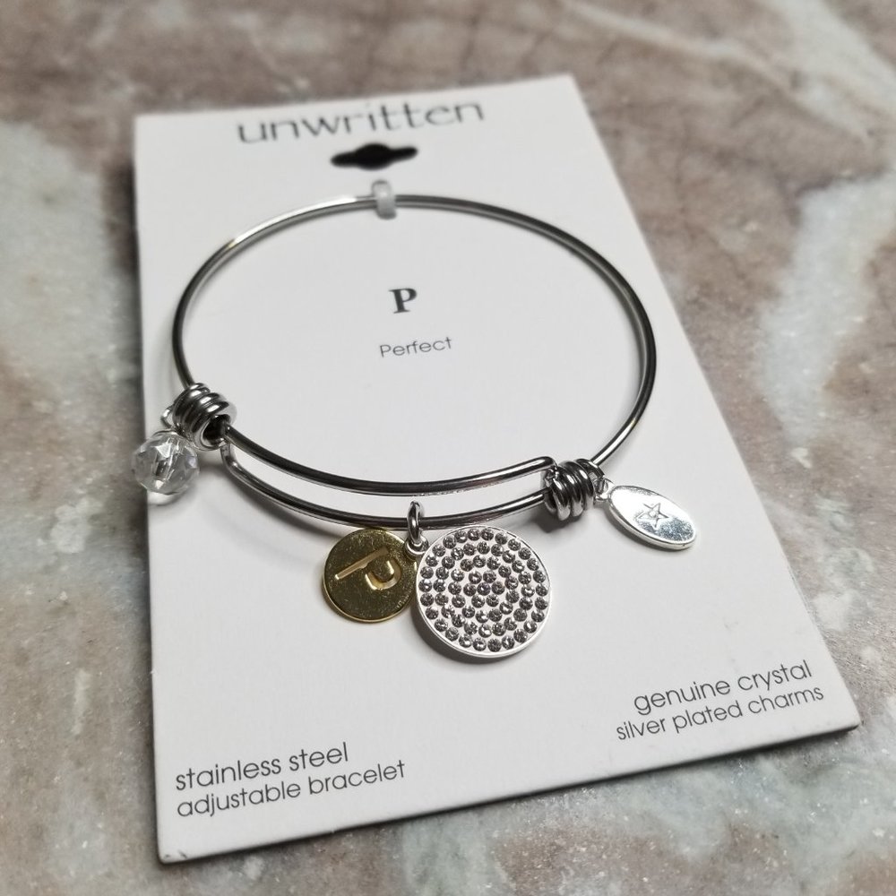 Unwritten Pave Initial "P" Disc Bangle with Genuine Crystal Silver Plated Charms
